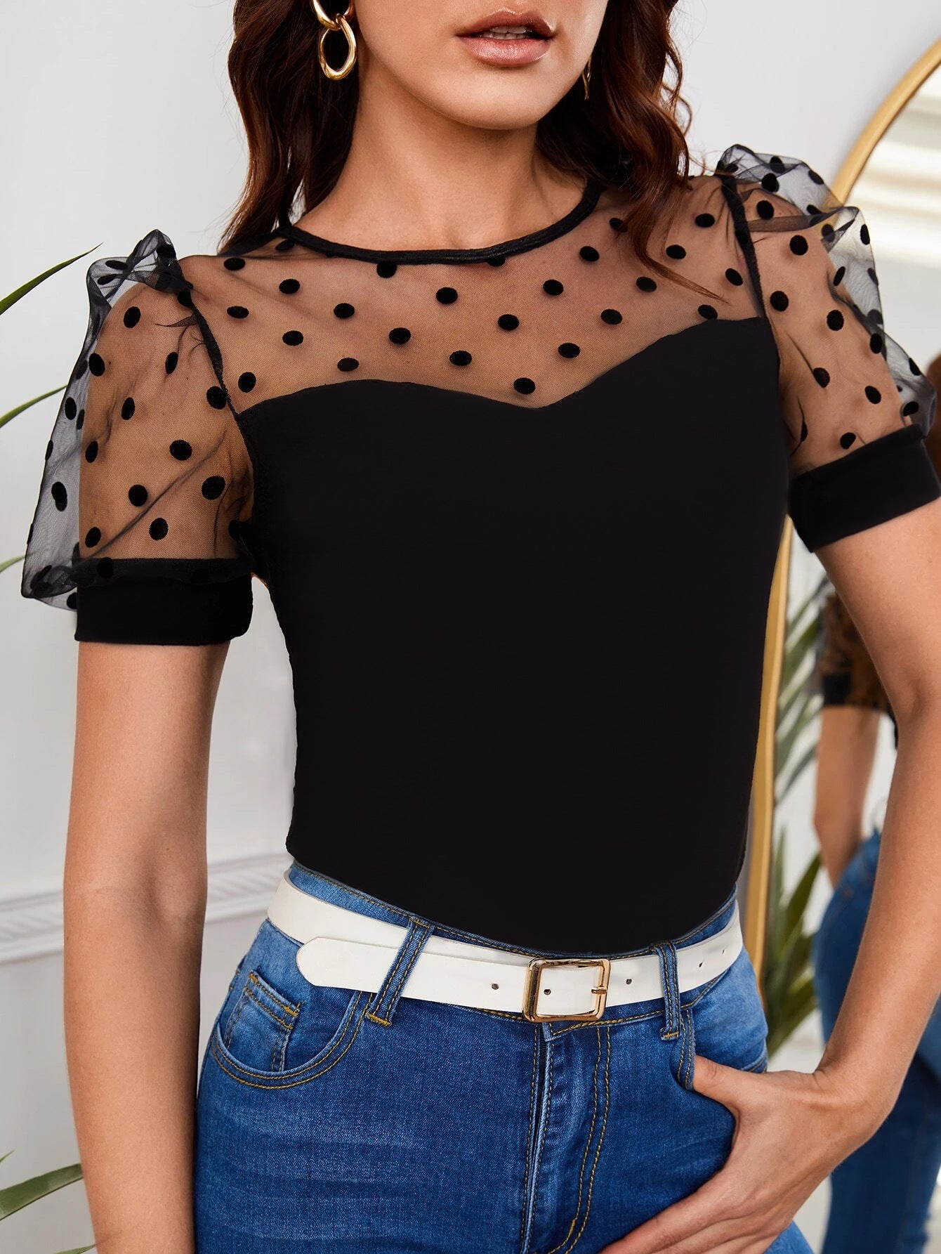 Polka Dot Mesh Yoke Puff Sleeve Top - Western Wear