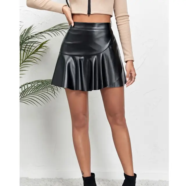 Faux Leather Ruffle Mini Skirt – Trendy Black PU Streetwear for Modern Girls | Mode Amore