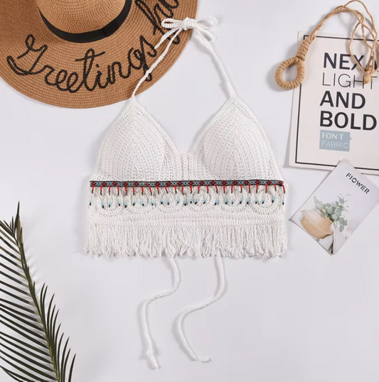 White Crochet Halter Crop Top | Bohemian Tassel Blouse Pakistan
