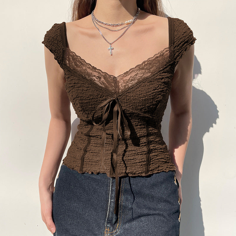 Lace-Up Lace Patchwork Y2K Crop Top | Mode Amore