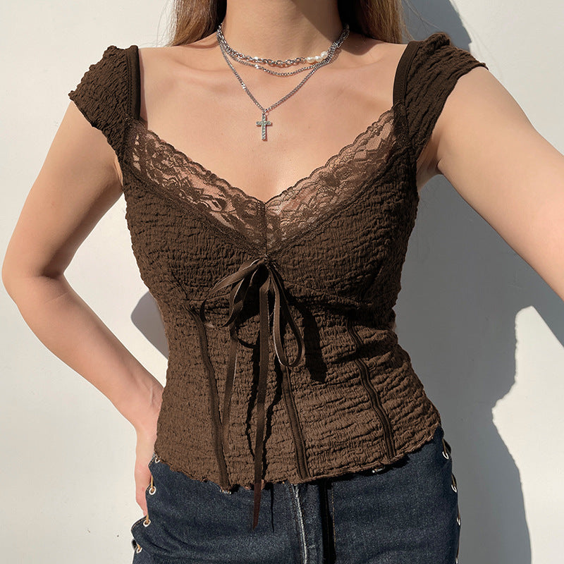 Lace-Up Lace Patchwork Y2K Crop Top | Mode Amore