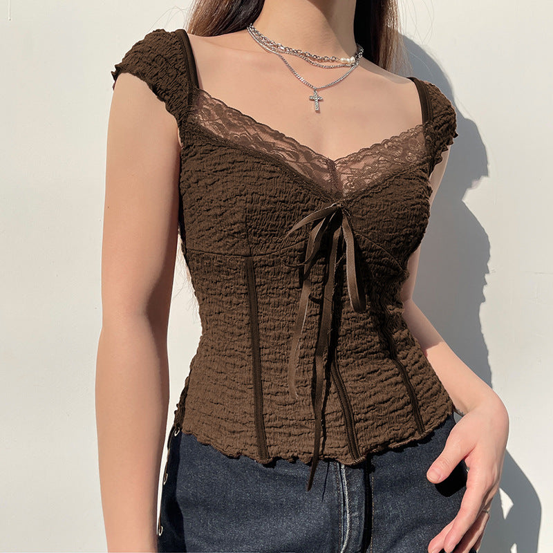 Lace-Up Lace Patchwork Y2K Crop Top | Mode Amore