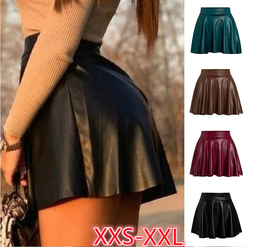 High-Waist Faux Leather Pleated Mini Skirt for Women – A-Line Solid Color Skirt | Mode Amore