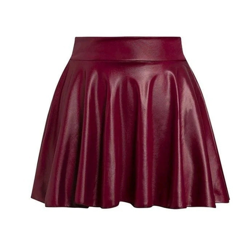 High-Waist Faux Leather Pleated Mini Skirt for Women – A-Line Solid Color Skirt | Mode Amore