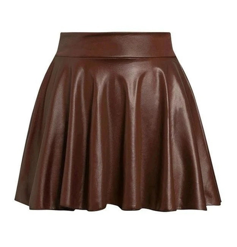 High-Waist Faux Leather Pleated Mini Skirt for Women – A-Line Solid Color Skirt | Mode Amore