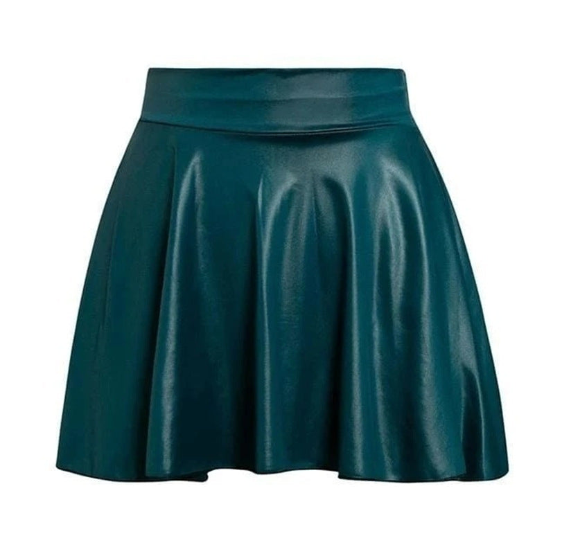 High-Waist Faux Leather Pleated Mini Skirt for Women – A-Line Solid Color Skirt | Mode Amore