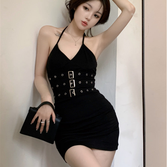 Gothic Halter Neck Bodycon Black Dress for Women – Backless Eyelet Buckles – Punk Casual Summer Style | Mode Amore