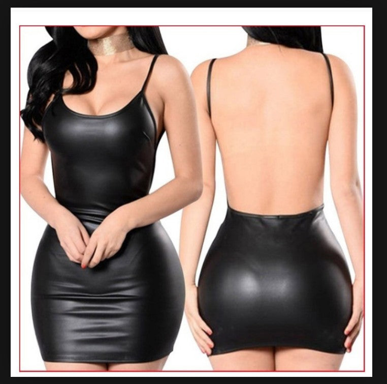 Mode Amore Sleek Black Faux Leather Bodycon Dress – Backless, Sexy & Stylish Clubwear for Confident Pakistani Women