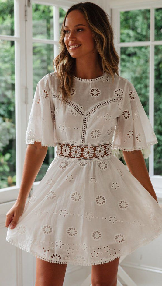 Elegant Boho Mini Skater Dress - Ruffle Short Sleeve Summer Dress - Mode Amore