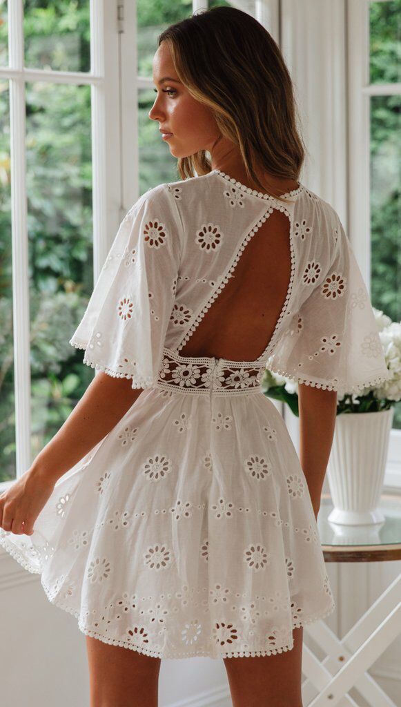 mini lace skater dress White Lace Skater Dress - Puff Sleeve Dress - Tie-Back Mini Dress