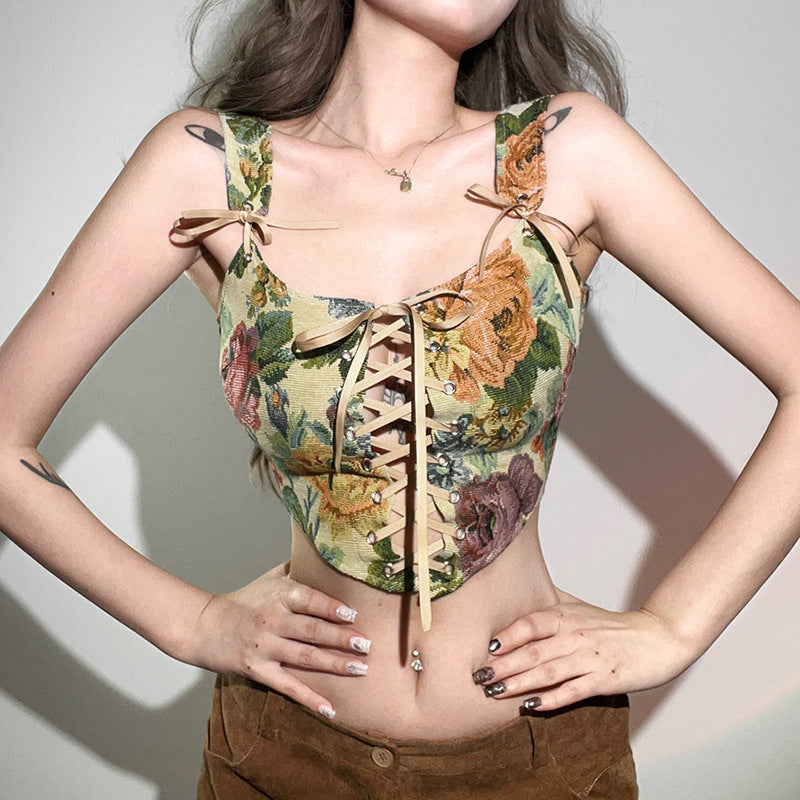 Elegant French-Style Corset Bustier Floral Crop Top | Mode Amore