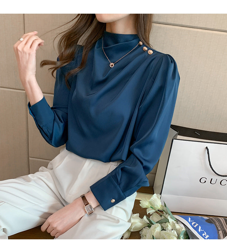 Elegant Buttoned Draped Long Sleeve Blouse – Available in Blue & White | Mode Amore