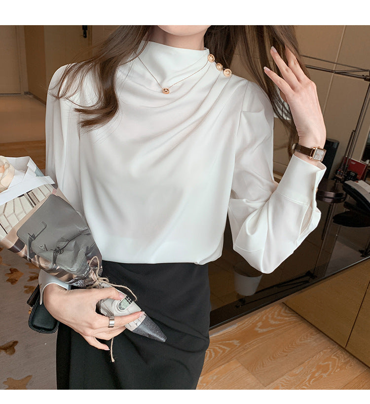 Elegant Buttoned Draped Long Sleeve Blouse – Available in Blue & White | Mode Amore