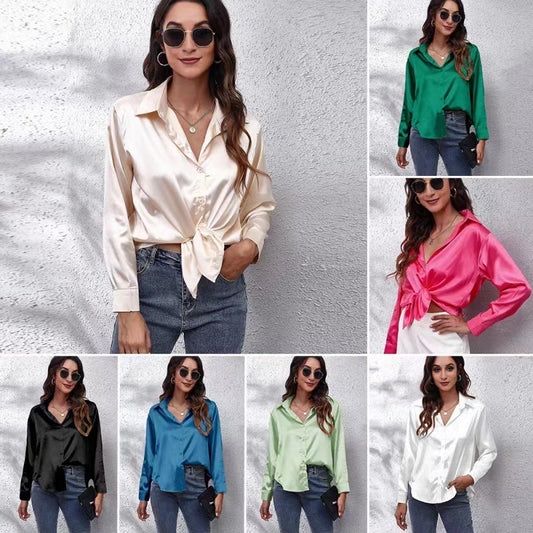 Silky Satin Blouse - Long Sleeve Tie-Front Shirt | Mode Amore