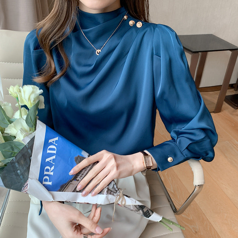 Elegant Buttoned Draped Long Sleeve Blouse – Available in Blue & White | Mode Amore