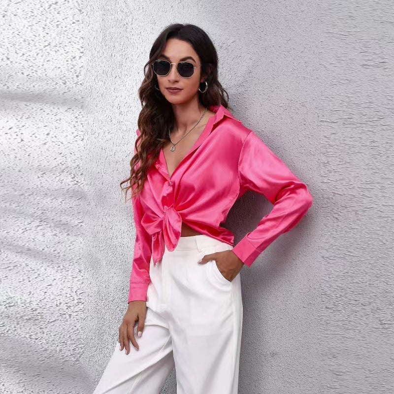 Silky Satin Blouse - Long Sleeve Tie-Front Shirt | Mode Amore