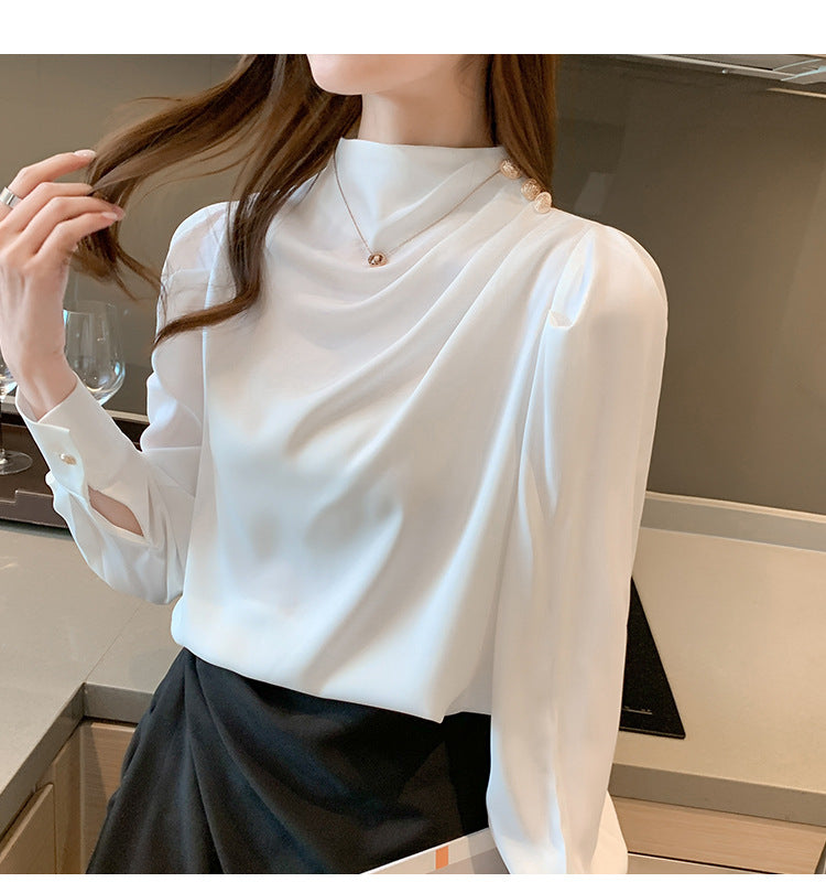 Elegant Buttoned Draped Long Sleeve Blouse – Available in Blue & White | Mode Amore