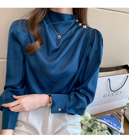 Elegant Buttoned Draped Long Sleeve Blouse – Available in Blue & White | Mode Amore