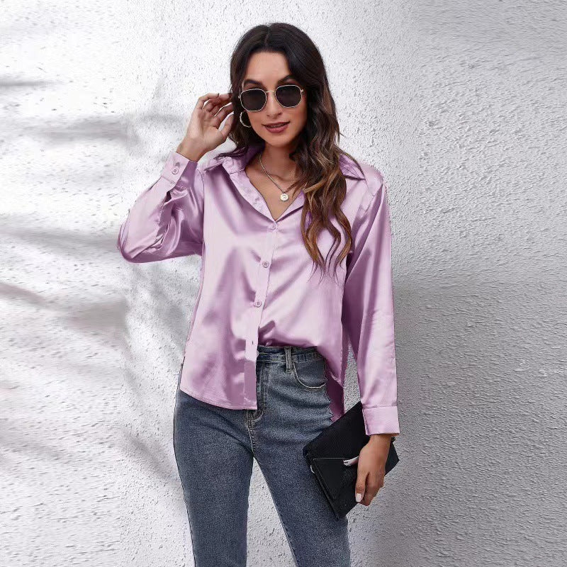 Silky Satin Blouse - Long Sleeve Tie-Front Shirt | Mode Amore