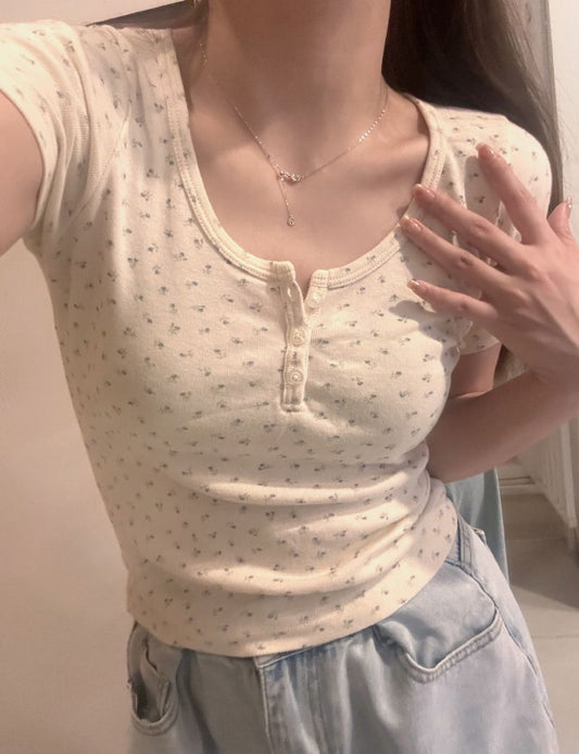 Ribbed Floral Henley Top for Women | Cute Casual Tee Pakistan | Summer Western Wear